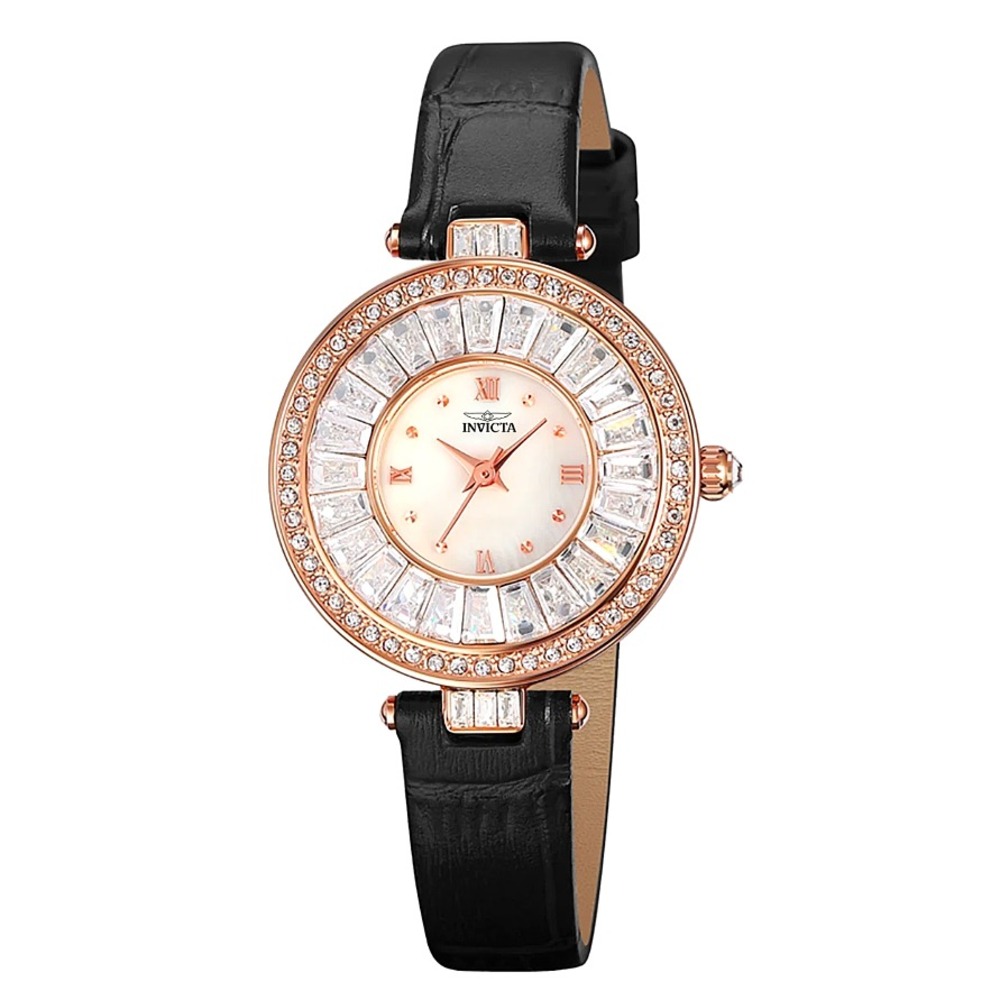 Invicta Women Rose Gold Crystal Bezel Mother of Pearl Dial Black Leather Watch